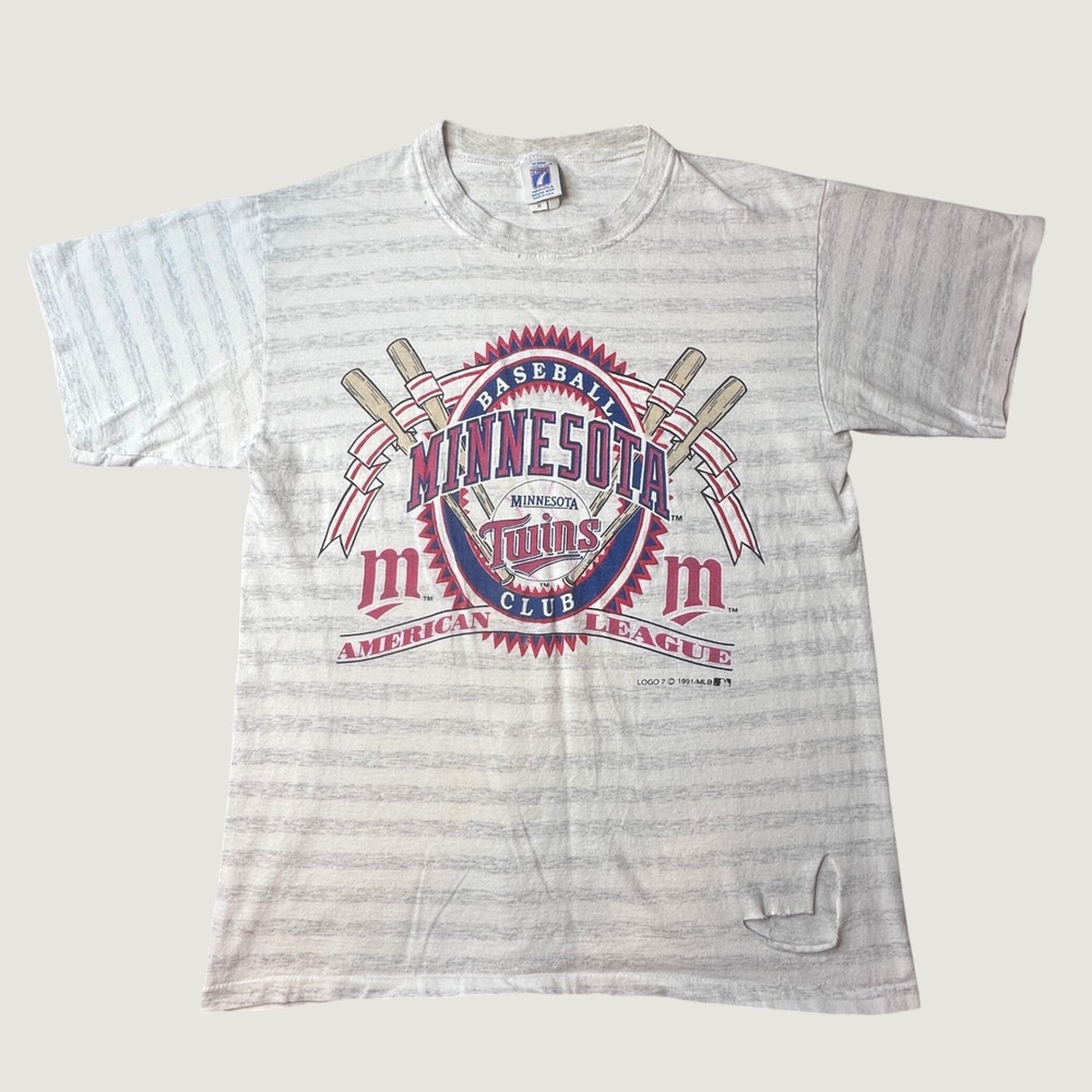 Vintage Minnesota Twins T-Shirt Mens M Grey Striped MLB Baseball Logo 7 1991